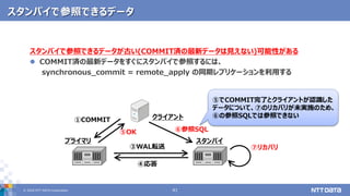 © 2020 NTT DATA Corporation 41
スタンバイで参照できるデータ
スタンバイで参照できるデータが古い(COMMIT済の最新データは見えない)可能性がある
 COMMIT済の最新データをすぐにスタンバイで参照するには、
synchronous_commit = remote_apply の同期レプリケーションを利用する
⑦リカバリ
プライマリ スタンバイ
クライアント①COMMIT
③WAL転送
⑤OK
④応答
⑥参照SQL
⑤でCOMMIT完了とクライアントが認識した
データについて、⑦のリカバリが未実施のため、
⑥の参照SQLでは参照できない
 