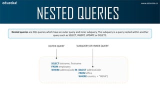 Nested queries are SQL queries which have an outer query and inner subquery. The subquery is a query nested within another
query such as SELECT, INSERT, UPDATE or DELETE.
SELECT lastname, firstname
FROM employees
WHERE addressCode IN (SELECT addressCode
FROM office
WHERE country = “INDIA”)
OUTER QUERY SUBQUERY OR INNER QUERY
www.edureka.co
 