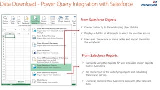 Data Download - Power Query Integration with Salesforce
From Salesforce Objects
 Connects directly to the underlying object tables
 Displays a full list of all objects to which the user has access
 Users can choose one or more tables and import them into
the workbook
From Salesforce Reports
 Connects using the Reports API and lets users import reports
built in Salesforce
 No connection to the underlying objects and rebuilding
these views on top.
 Users can combine their Salesforce data with other relevant
data
 