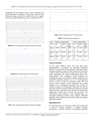 IJRET: International Journal of Research in Engineering and TechnologyISSN: 2319-1163
__________________________________________________________________________________________
Volume: 02 Issue: 06 | Jun-2013, Available @ http://www.ijret.org953
compensate the load reactive power, current unbalance and
current harmonics in addition to active power injection from
Renewable energy source.This enables the grid to supply/
receive sinusoidal and balanced power at Unity power factor.
Fig5:Before Compensation of grid current and voltage
Fig:6Before Compensation of neutral current
Fig7: After compensation of grid current and voltage
Fig8: After Compensation of. Neutral current
Table1:Total harmonics distoration
Grid
curren
t
Before compensation After compensation
PI ANFI
S
FSS-
LMS
PI ANFI
S
FSS-
LMS
Phase
A
20.9% 20.4% 20.04
%
2.9
%
2.36% 2.04
%
Phase
B
25.23
%
23.5% 24.23
%
2.7
%
1.68% 1.54
%
Phase
C
29.01
%
28.56
%
28.21
%
2.7
%
3.65% 2.2%
CONCLUSIONS
In this work adaptive fuzzy step size least mean
squarealgorithm is proposed for renewable Interfacing
Inverter. The controller works satisfactory under the dynamic
operating conditions. It has also been shown that the inverter
is able to perform all the duties of shunt Active power filter,
while maintaining the smooth bidirectional power flow
simultaneously. The simulations results supported by
experimental results are provided to validate the fact that the
renewable interfacing inverter can act as multi-operation
device in order to utilize its maximum rating. The load
reactive power demand, current harmonics and current
unbalance of an unbalanced non-linear load at Point of
common coupling, are compensated effectively such that the
grid side currents are always maintained. Moreover, the load
neutral current is restricted to flow towards the grid side by
supporting it locally from the forth leg of inverter. The
experimental result obtained on the simulated data of a
renewable interfacing inverter using adaptive FSS-LMS
algorithm shows satisfactory performance under the dynamic
operating conditions.
REFERENCES
[1]. J. M. Guerrero, L. G. de Vicuna, J. Matas, M. Castilla, and
J. Miret,―A wireless controller to enhance dynamic
performance of parallel inverters in distributed generation
 