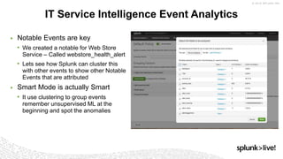 ▶ Notable Events are key
• We created a notable for Web Store
Service – Called webstore_health_alert
• Lets see how Splunk can cluster this
with other events to show other Notable
Events that are attributed
▶ Smart Mode is actually Smart
• It use clustering to group events
remember unsupervised ML at the
beginning and spot the anomalies
IT Service Intelligence Event Analytics
 