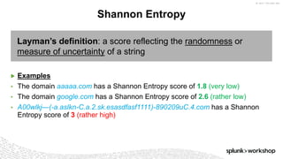 ©	2017	SPLUNK	INC.
Layman’s definition: a score reflecting the randomness or
measure of uncertainty of a string
▶ Examples
• The domain aaaaa.com has a Shannon Entropy score of 1.8 (very low)
• The domain google.com has a Shannon Entropy score of 2.6 (rather low)
• A00wlkj—(-a.aslkn-C.a.2.sk.esasdfasf1111)-890209uC.4.com has a Shannon
Entropy score of 3 (rather high)
Shannon Entropy
 