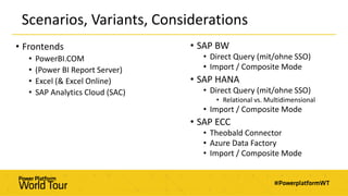 Scenarios, Variants, Considerations
• SAP BW
• Direct Query (mit/ohne SSO)
• Import / Composite Mode
• SAP HANA
• Direct Query (mit/ohne SSO)
• Relational vs. Multidimensional
• Import / Composite Mode
• SAP ECC
• Theobald Connector
• Azure Data Factory
• Import / Composite Mode
• Frontends
• PowerBI.COM
• (Power BI Report Server)
• Excel (& Excel Online)
• SAP Analytics Cloud (SAC)
 