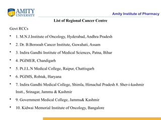 Amity Institute of Pharmacy
List of Regional Cancer Centre
Govt RCCs
• 1. M.N.J.Institute of Oncology, Hyderabad, Andhra Pradesh
• 2. Dr. B.Borooah Cancer Institute, Guwahati, Assam
• 3. Indira Gandhi Institute of Medical Sciences, Patna, Bihar
• 4. PGIMER, Chandigarh
• 5. Pt.J.L.N Medical College, Raipur, Chattisgarh
• 6. PGIMS, Rohtak, Haryana
• 7. Indira Gandhi Medical College, Shimla, Himachal Pradesh 8. Sher-i-kashmir
Instt., Srinagar, Jammu & Kashmir
• 9. Government Medical College, Jammu& Kashmir
• 10. Kidwai Memorial Institute of Oncology, Bangalore
 