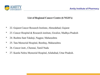 Amity Institute of Pharmacy
List of Regional Cancer Centre (6 NGO’s)
• 22. Gujarat Cancer Research Institute, Ahmedabad, Gujarat
• 23. Cancer Hospital & Research institute, Gwalior, Madhya Pradesh
• 24. Rashtra Sant Tukdoji, Nagpur, Maharashtra
• 25. Tata Memorial Hospital, Bombay, Maharashtra
• 26. Cancer instt., Chennai, Tamil Nadu
• 27. Kamla Nehru Memorial Hospital, Ailahabad, Uttar Pradesh.
 