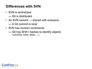Differences with SVN
SVN is centralized
↔ Git is distributed
An SVN commit → shared with everyone
↔ A Git commit is local
SVN has revision increments
↔ Git has SHA1 hashes to identify objects
(commits, trees, blobs, ...)
 