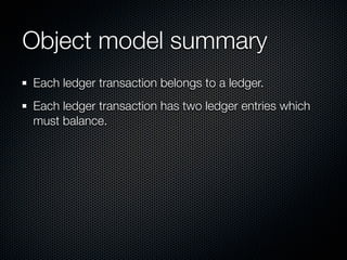 Object model summary
Each ledger transaction belongs to a ledger.
Each ledger transaction has two ledger entries which
must balance.
 