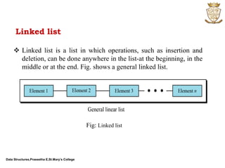 Data Structures,Praseetha E,St.Mary’s College
Linked list
 Linked list is a list in which operations, such as insertion and
deletion, can be done anywhere in the list-at the beginning, in the
middle or at the end. Fig. shows a general linked list.
Fig: Linked list
 
