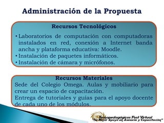 Recursos Tecnológicos
• Laboratorios de computación con computadoras
  instalados en red, conexión a Internet banda
  ancha y plataforma educativa: Moodle.
• Instalación de paquetes informáticos.
• Instalación de cámara y micrófonos.

               Recursos Materiales
Sede del Colegio Omega. Aulas y mobiliario para
crear un espacio de capacitación.
Entrega de tutoriales y guías para el apoyo docente
de cada uno de los módulos.
 