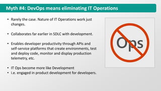 • Rarely the case. Nature of IT Operations work just
changes.
• Collaborates far earlier in SDLC with development.
• Enables developer productivity through APIs and
self-service platforms that create environments, test
and deploy code, monitor and display production
telemetry, etc.
• IT Ops become more like Development
• i.e. engaged in product development for developers.
Myth #4: DevOps means eliminating IT Operations
 