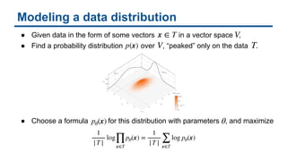 Modeling a data distribution
● Given data in the form of some vectors in a vector space ,
● Find a probability distribution over , “peaked” only on the data .
● Choose a formula for this distribution with parameters , and maximize
p(x)
V
V
pθ(x) θ
1
|T |
log
∏
x∈T
pθ(x) =
1
|T | ∑
x∈T
log pθ(x)
x ∈ T
T
 
