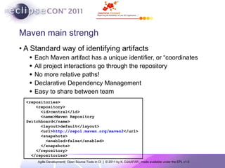 Maven main strengh A  Standard way of identifying artifacts Each Maven artifact has a unique identifier, or “coordinates All project interactions go through the repository No more relative paths! Declarative Dependency Management Easy to share between team <repositories> <repository> <id>central</id> <name>Maven Repository Switchboard</name> <layout>default</layout> <url> http://repo1.maven.org/maven2 </url> <snapshots> <enabled>false</enabled> </snapshots> </repository> </repositories> 