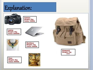 Explanation:
Necklace
Weight: 1kg
Value: 3000tk
Camera
Weight: 2kg
Value: 1000tk
Laptop
Weight: 3kg
Value: 20000tk
Vase
Weight: 4kg
Value: 4000tk
Knapsack
Weight: 7kg
????
 