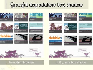 Graceful degradation: box-shadow




      In modern browsers   In IE 7, sans box shadow
109
 