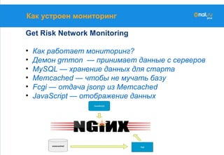 Как устроен мониторинг
Get Risk Network Monitoring
• Как работает мониторинг?
• Демон grnmon — принимает данные с серверов
• MySQL — хранение данных для старта
• Memcached — чтобы не мучать базу
• Fcgi — отдача jsonp из Memcached
• JavaScript — отображение данных
 