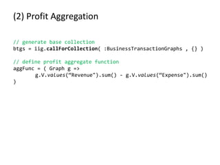 (2) Profit Aggregation
// generate base collection
btgs = iig.callForCollection( :BusinessTransactionGraphs , {} )
// define profit aggregate function
aggFunc = ( Graph g =>
g.V.values(“Revenue").sum() - g.V.values(“Expense").sum()
)
 