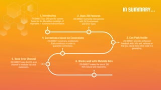 IN SUMMARY...
1. Introducing
ZIO-DIRECT is a ZIO-specific system
based on the Monadless paradigm of
imperative -> functional transformation.
2. Uses ZIO Features
ZIO-DIRECT Correctly interoperates
with ZIO Environment
and Error Types
3. Can Peek Inside
ZIO-DIRECT provides enhanced
feedback with .info and .verbose so
that you clearly know what code it is
generating.
4. Correctness based on Constraints
ZIO-DIRECT constrains problematic
Scala constructs in order to
guarantee correctness.
5. Uses Error Channel
ZIO-DIRECT uses the ZIO error
channel to mediate try-catch
statements.
6. Works well with Mutable Refs
ZIO-DIRECT makes the use of ZIO
Refs natural and ergonomic.
 