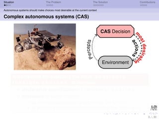 Situation                         The Problem                               The Solution                 Contributions


Autonomous systems should make choices most desirable at the current context

Complex autonomous systems (CAS)


                                                                                  CAS Decision      m




                                                                                                 os
                                                                   rcepts




                                                                                                   ac
                                                                                                    t desira
                                                                                                      tions
                                                                    Pe
                                                                                                   bl
                                                                                                     e
                                                                                   Environment


       A framework for selecting the most d e s i r a b l e
       f e a s i b l e c h o i c e s at run-time
            declarative speciﬁcation of (designer’s) d e s i r e s,
            amenable to customization
                      by allowing speciﬁcation of additional d e s i r e s,
                      by providing additional information about the c o n t e x t.

                                                                                                               3,/,30
 