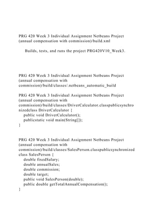 PRG 420 Week 3 Individual Assignment Netbeans Project
(annual compensation with commission)/build.xml
Builds, tests, and runs the project PRG420V10_Week3.
PRG 420 Week 3 Individual Assignment Netbeans Project
(annual compensation with
commission)/build/classes/.netbeans_automatic_build
PRG 420 Week 3 Individual Assignment Netbeans Project
(annual compensation with
commission)/build/classes/DriverCalculator.classpublicsynchro
nizedclass DriverCalculator {
public void DriverCalculator();
publicstatic void main(String[]);
}
PRG 420 Week 3 Individual Assignment Netbeans Project
(annual compensation with
commission)/build/classes/SalesPerson.classpublicsynchronized
class SalesPerson {
double fixedSalary;
double annualSales;
double commission;
double target;
public void SalesPerson(double);
public double getTotalAnnualCompensation();
}
 