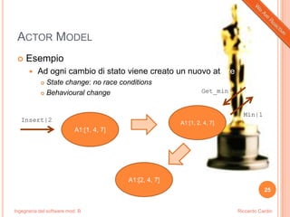 Ingegneria del software mod. B
ACTOR MODEL
 Esempio
 Ad ogni cambio di stato viene creato un nuovo attore
 State change: no race conditions
 Behavioural change
25
Riccardo Cardin
A1:[1, 4, 7]
A1:[1, 2, 4, 7]
A1:[2, 4, 7]
Insert|2
Get_min
Min|1
 