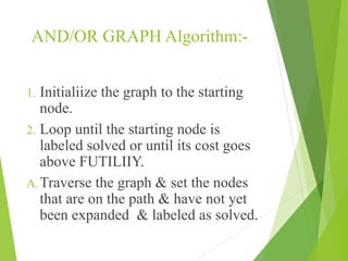AND/OR GRAPH Algorithm:-
1. Initialiize the graph to the starting
node.
2. Loop until the starting node is
labeled solved or until its cost goes
above FUTILIIY.
A.Traverse the graph & set the nodes
that are on the path & have not yet
been expanded & labeled as solved.
 