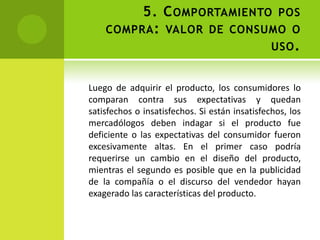 5. Comportamiento pos compra: valor de consumo o uso.Luego de adquirir el producto, los consumidores lo comparan contra sus expectativas y quedan satisfechos o insatisfechos. Si están insatisfechos, los mercadólogos deben indagar si el producto fue deficiente o las expectativas del consumidor fueron excesivamente altas. En el primer caso podría requerirse un cambio en el diseño del producto, mientras el segundo es posible que en la publicidad de la compañía o el discurso del vendedor hayan exagerado las características del producto.