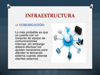 

Lo más probable es que
ya cuente con un
conjunto de equipo de
comunicaciones
internas, sin embargo
deberá efectuar los
ajustes necesarios para
atender la demanda
externa cuando atienda
clientes externos.

 