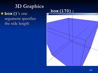 3D Graphics box() 's one argument specifies the side length box(170); 