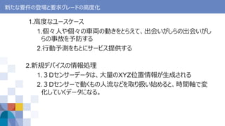 新たな要件の登場と要求グレードの高度化
1.高度なユースケース
1.個々人や個々の車両の動きをとらえて、出会いがしらの出会いがし
らの事故を予防する
2.行動予測をもとにサービス提供する
2.新規デバイスの情報処理
1.３Dセンサーデータは、大量のXYZ位置情報が生成される
2.３Dセンサーで動くもの人流などを取り扱い始めると、時間軸で変
化していくデータになる。
 