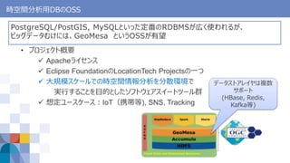 時空間分析用DBのOSS
PostgreSQL/PostGIS, MySQLといった定番のRDBMSが広く使われるが、
ビッグデータむけには、GeoMesa というOSSが有望
• プロジェクト概要
 Apacheライセンス
 Eclipse FoundationのLocationTech Projectsの一つ
 大規模スケールでの時空間情報分析を分散環境で
実行することを目的としたソフトウェアスイートツール群
 想定ユースケース：IoT（携帯等), SNS, Tracking
データストアレイヤは複数
サポート
(HBase, Redis,
Kafka等)
 
