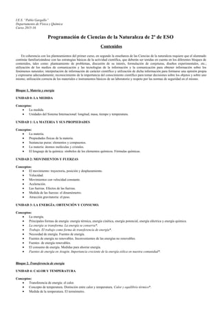 I.E.S. “Pablo Gargallo”
Departamento de Física y Química
Curso 2015-16
Programación de Ciencias de la Naturaleza de 2º de ESO
Contenidos
En coherencia con los planteamientos del primer curso, en segundo la enseñanza de las Ciencias de la naturaleza requiere que el alumnado
continúe familiarizándose con las estrategias básicas de la actividad científica, que deberán ser tenidas en cuenta en los diferentes bloques de
contenidos, tales como: planteamiento de problemas, discusión de su interés, formulación de conjeturas, diseños experimentales, etc.;
utilización de los medios de comunicación y las tecnologías de la información y la comunicación para obtener información sobre los
fenómenos naturales; interpretación de información de carácter científico y utilización de dicha información para formarse una opinión propia
y expresarse adecuadamente; reconocimiento de la importancia del conocimiento científico para tomar decisiones sobre los objetos y sobre uno
mismo; utilización correcta de los materiales e instrumentos básicos de un laboratorio y respeto por las normas de seguridad en el mismo.
Bloque 1. Materia y energía
UNIDAD 0: LA MEDIDA
Conceptos:
• La medida.
• Unidades del Sistema Internacional: longitud, masa, tiempo y temperatura.
UNIDAD 1: LA MATERIA Y SUS PROPIEDADES
Conceptos:
• La materia.
• Propiedades físicas de la materia.
• Sustancias puras: elementos y compuestos.
• La materia: átomos moléculas y cristales.
• El lenguaje de la química: símbolos de los elementos químicos. Fórmulas químicas.
UNIDAD 2: MOVIMIENTOS Y FUERZAS
Conceptos:
• El movimiento: trayectoria, posición y desplazamiento.
• Velocidad.
• Movimientos con velocidad constante.
• Aceleración.
• Las fuerzas. Efectos de las fuerzas.
• Medida de las fuerzas: el dinamómetro.
• Atracción gravitatoria: el peso.
UNIDAD 3: LA ENERGÍA: OBTENCIÓN Y CONSUMO.
Conceptos:
• La energía.
• Principales formas de energía: energía térmica, energía cinética, energía potencial, energía eléctrica y energía química.
• La energía se transforma. La energía se conserva*.
• Trabajo. El trabajo como forma de transferencia de energía*.
• Necesidad de energía. Fuentes de energía.
• Fuentes de energía no renovables. Inconvenientes de las energías no renovables.
• Fuentes de energía renovables.
• El consumo de energía. Medidas para ahorrar energía.
• Fuentes de energía en Aragón. Importancia creciente de la energía eólica en nuestra comunidad*.
Bloque 2. Transferencia de energía
UNIDAD 4: CALOR Y TEMPERATURA
Conceptos:
• Transferencia de energía: el calor.
• Concepto de temperatura. Distinción entre calor y temperatura. Calor y equilibrio térmico*.
• Medida de la temperatura. El termómetro.
 