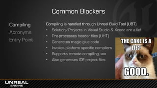 Common Blockers
Compiling
Acronyms
Entry Point
Compiling is handled through Unreal Build Tool (UBT)
• Solution/Projects in Visual Studio & Xcode are a lie!
• Pre-processes header files (UHT)
• Generates magic glue code
• Invokes platform specific compilers
• Supports remote compiling, too
• Also generates IDE project files
 