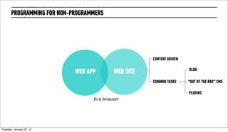 PROGRAMMING FOR NON-PROGRAMMERS




                                                       CONTENT DRIVEN

                                                                        BLOG
                             WEB APP        WEB SITE
                                                       COMMON TASKS     “OUT OF THE BOX” CMS

                                                                        PLUGINS
                                   In a browser




Wednesday, February 20, 13
 