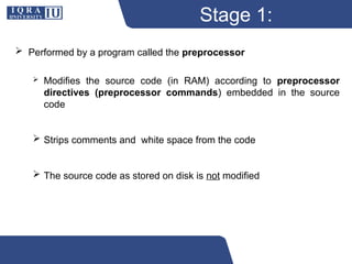Stage 1:
Preprocessing
 Performed by a program called the preprocessor
 Modifies the source code (in RAM) according to preprocessor
directives (preprocessor commands) embedded in the source
code
 Strips comments and white space from the code
 The source code as stored on disk is not modified
 