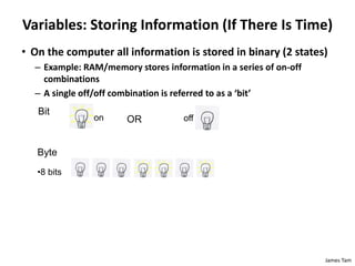 James Tam
Variables: Storing Information (If There Is Time)
• On the computer all information is stored in binary (2 states)
– Example: RAM/memory stores information in a series of on-off
combinations
– A single off/off combination is referred to as a ‘bit’
Bit
on off
OR
Byte
•8 bits
 