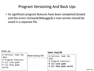 James Tam
Program Versioning And Back Ups
• As significant program features have been completed (tested
and the errors removed/debugged) a new version should be
saved in a separate file.
# Version: Sept 20,
2012
# Program features:
# (1) Load game
# (2) Show game world
Game.Sept20
# Version: Sept 20,
2012
# Program features:
# (1) Load game
# (2) Show game
world
Game.py
Make backup file
 