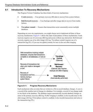Progress Database Administration Guide and Reference
8–2
8.1 Introduction To Recovery Mechanisms
The Progress Version 9 database has three kinds of recovery mechanisms:
• Crash recovery — Uses primary recovery (BI) data to recover from system failures
• Roll-forward recovery — Uses backups and after-image data to recover from media
failures
• Two-phase commit — Ensures that transactions occur consistently across multiple
databases
Depending on your site requirements, you might choose not to implement all three of these
recovery mechanisms. Figure 8–1 shows the order of precedence of these mechanisms. Crash
recovery requires use of a recovery (BI) log and occurs without any interaction. Roll-forward
recovery requires use of an after-image (AI) log. Two-phase commit requires use of a
transaction log (TL). If you use two-phase commit, be sure to also use after-imaging.
Figure 8–1: Progress Recovery Mechanisms
Each mechanism relies on notes that are written to a file to record database changes. A note is
a record of the smallest unit of change in a database. For example, a record of one change made
to one block in the database. The database engine automatically records database changes as
notes in the primary recovery (BI) log. If after-imaging is enabled, it also records notes to the
after-image (AI) log. If two-phase commit is enabled, it also records transactions and notes to
the transaction log (TL).
With transactions involving multiple
databases, ensures that transactions
complete on all databases, or none at
all.
Recovery of transactions lost
when your media is damaged
or lost.
Recovery of
transactions lost from
memory during a
systemfailure.
Two-phase
Commit
(Optional)
Roll-forward
Recovery
(Optional; also requires
backups and after-imaging)
CrashRecovery
(Automatically performed)
 