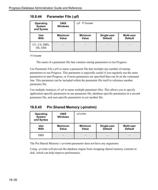 Progress Database Administration Guide and Reference
18–36
18.8.44 Parameter File (-pf)
filename
The name of a parameter file that contains startup parameters to run Progress.
Use Parameter File (-pf) to name a parameter file that includes any number of startup
parameters to run Progress. This parameter is especially useful if you regularly use the same
parameters to start Progress, or if more parameters are specified than can fit on the command
line. This parameter can be included within the parameter file itself to reference another
parameter file.
Use multiple instances of -pf to name multiple parameter files. This allows you to specify
application-specific parameters in one parameter file, database-specific parameters in a second
parameter file, and user-specific parameters in yet another file.
18.8.45 Pin Shared Memory (-pinshm)
The Pin Shared Memory (-pinshm) parameter does not have any arguments.
Using -pinshm will prevent the database engine from swapping shared memory contents to
disk, which can help improve performance.
Operating
System
and Syntax
UNIX
Windows
-pf filename
Use
With
Maximum
Value
Minimum
Value
Single-user
Default
Multi-user
Default
CC, CS, DBS,
DS, OID
– – – –
Operating
System
and Syntax
UNIX
Windows
-pinshm
Use
With
Maximum
Value
Minimum
Value
Single-user
Default
Multi-user
Default
DBS – – – –
 