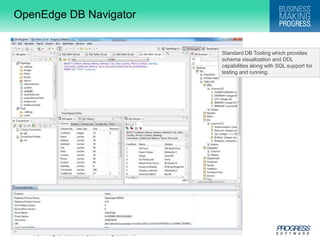 OpenEdge DB NavigatorStandard DB Tooling which provides schema visualization and DDL capabilities along with SQL support for testing and running.