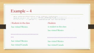 Example – 4
: Students in the class
has visited Mexico
==================
==
has visited Mexico
has visited Canada
: Students
is student in this class
has visited Mexico
====================
has visited Mexico
has visited Canada
 