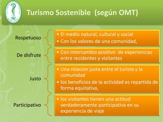 Turismo Sostenible (según OMT)

                • El medio natural, cultural y social
Respetuoso
                • Con los valores de una comunidad,

                • Con intercambio positivo de experiencias
 De disfrute
                  entre residentes y visitantes

                • Una relación justa entre el turista y la
                  comunidad
       Justo
                • los beneficios de la actividad es repartida de
                  forma equitativa,

                • los visitantes tienen una actitud
Participativo     verdaderamente participativa en su
                  experiencia de viaje
 
