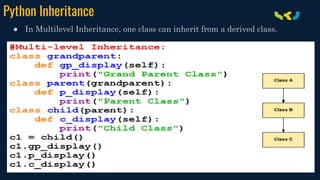 Python Inheritance
● In Multilevel Inheritance, one class can inherit from a derived class.
 