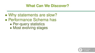 • Why statements are slow?
• Performance Schema has
• Per-query statistics
• Most evolving stages
What Can We Discover?
22
 