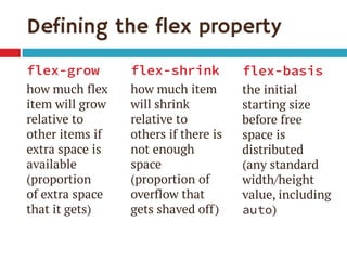 Defining the flex property
flex-grow

flex-shrink

flex-basis

how much flex
item will grow
relative to
other items if
extra space is
available
(proportion
of extra space
that it gets)

how much item
will shrink
relative to
others if there is
not enough
space
(proportion of
overflow that
gets shaved off)

the initial
starting size
before free
space is
distributed
(any standard
width/height
value, including
auto)

 