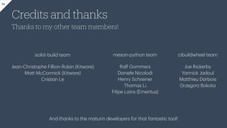 Credits and thanks
36
scikit-build te
a
m
Je
a
n-Christophe Fillion-Robin (Kitw
a
re)
M
a
tt McCormick (Kitw
a
re)
Cristi
a
n Le
meson-python te
a
m
R
a
lf Gommers
D
a
niele Nicolodi
Henry Schreiner
Thom
a
s Li
Filipe L
a
íns (Emeritus)
cibuildwheel te
a
m
Joe Rickerby
Y
a
nnick J
a
doul
M
a
tthieu D
a
rbois
Grzegorz Bokot
a
And th
a
nks to the m
a
turin developers for th
a
t f
a
nt
a
stic tool!
Thanks to my other team members!
 
