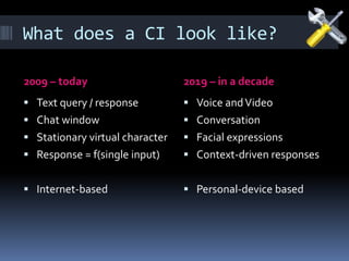 What does a CI look like?
2009 – today 2019 – in a decade
 Text query / response
 Chat window
 Stationary virtual character
 Response = f(single input)
 Internet-based
 Voice andVideo
 Conversation
 Facial expressions
 Context-driven responses
 Personal-device based
 