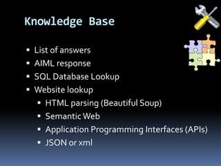 Knowledge Base
 List of answers
 AIML response
 SQL Database Lookup
 Website lookup
 HTML parsing (Beautiful Soup)
 SemanticWeb
 Application Programming Interfaces (APIs)
 JSON or xml
 