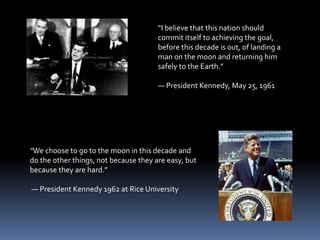 “I believe that this nation should
commit itself to achieving the goal,
before this decade is out, of landing a
man on the moon and returning him
safely to the Earth.”
— President Kennedy, May 25, 1961
“We choose to go to the moon in this decade and
do the other things, not because they are easy, but
because they are hard.”
— President Kennedy 1962 at Rice University
 