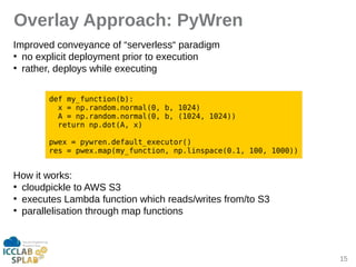 15
Overlay Approach: PyWren
Improved conveyince of “serverless“ piridigm
●
no explicit deployment prior to execution
●
rither, deploys while executing
How it works:
●
cloudpickle to AWS S3
●
executes Limbdi function which reids/writes from/to S3
●
pirillelisition through mip functions
def my_function(b):
x = np.random.normal(0, b, 1024)
A = np.random.normal(0, b, (1024, 1024))
return np.dot(A, x)
pwex = pywren.default_executor()
res = pwex.map(my_function, np.linspace(0.1, 100, 1000))
 