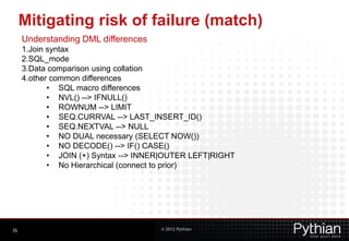 Mitigating risk of failure (match)
     Understanding DML differences
     1.Join syntax
     2.SQL_mode
     3.Data comparison using collation
     4.other common differences
            • SQL macro differences
            • NVL() --> IFNULL()
            • ROWNUM --> LIMIT
            • SEQ.CURRVAL --> LAST_INSERT_ID()
            • SEQ.NEXTVAL --> NULL
            • NO DUAL necessary (SELECT NOW())
            • NO DECODE() --> IF() CASE()
            • JOIN (+) Syntax --> INNER|OUTER LEFT|RIGHT
            • No Hierarchical (connect to prior)




35                                    © 2012 Pythian
 